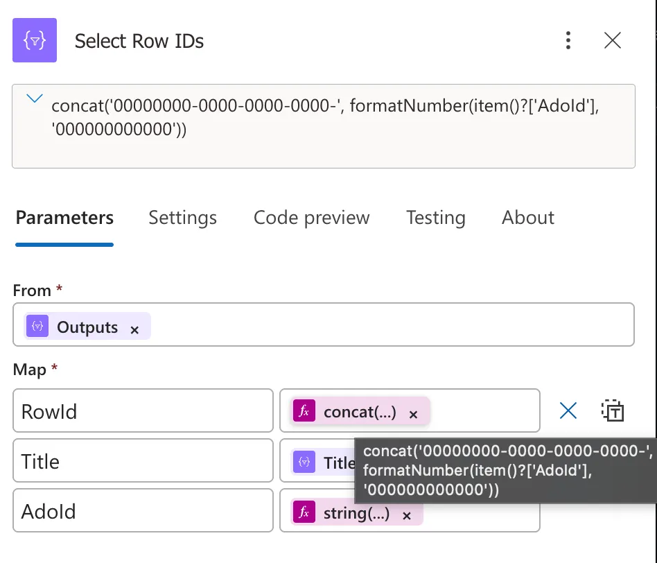 The Select Row IDs action: From is set to the Work items Outputs token, and the Map has three key and value pairs: RowId built with concat, Title, and AdoId built with string.