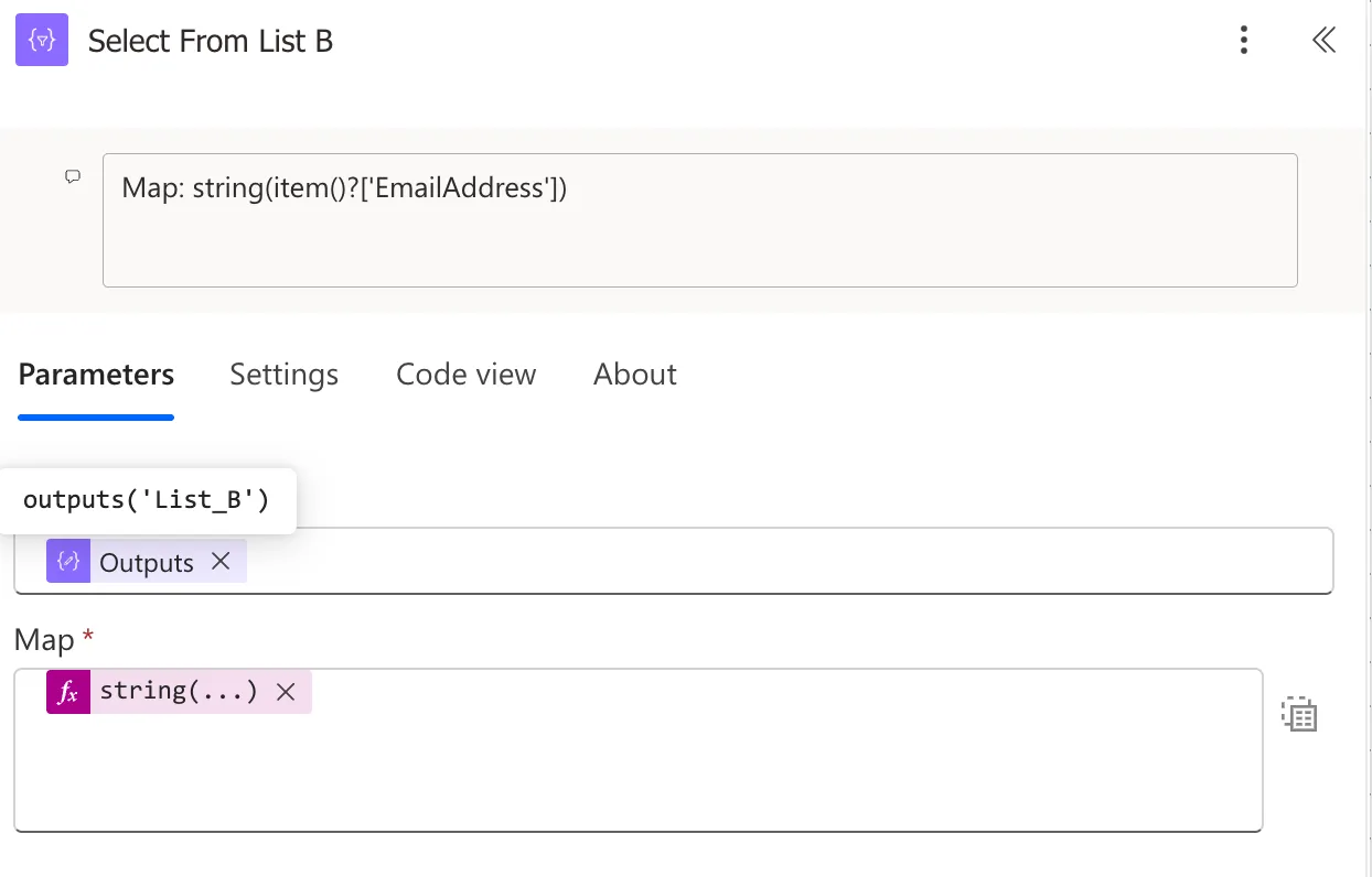 The Select From List B action after pasting the Peek code: Outputs set to the List B output, Map showing string(item()?['EmailAddress']).