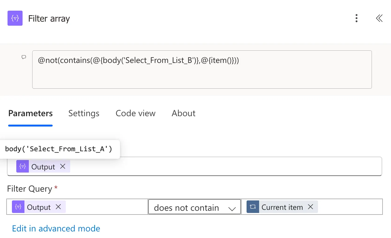 The Filter array action: From is the Select From List A output, and the condition is the Select From List B output, does not contain, item().