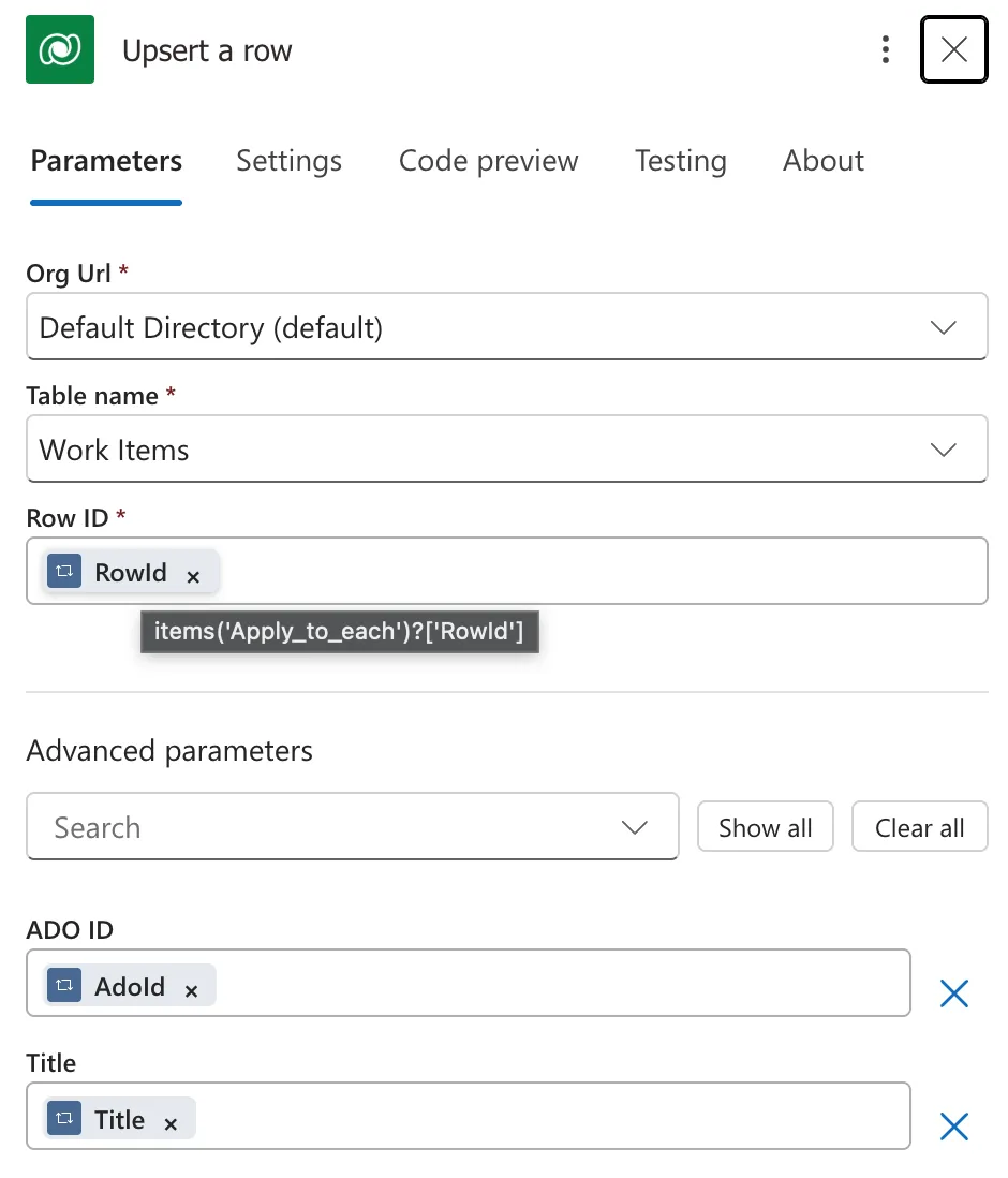 The Upsert a row action: Org Url, Table name Work Items, Row ID set to the RowId token, and ADO ID and Title shown under Advanced parameters.