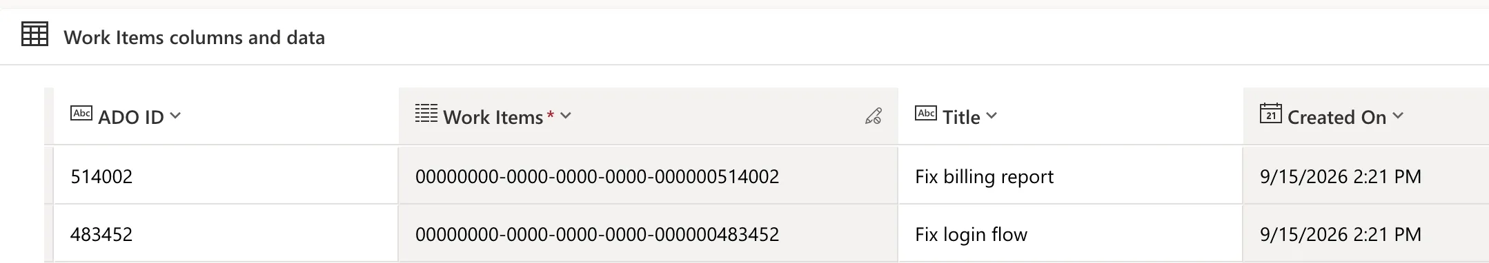The Work Items table before the run, showing the ADO ID, Work Items, Title and Created On columns for rows 514002 Fix billing report and 483452 Fix login flow.