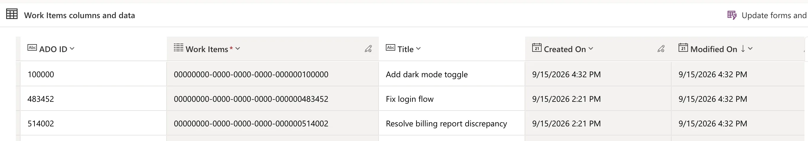 The Work Items table after the run: 100000 Add dark mode toggle created at 4:32 PM, 483452 Fix login flow and 514002 Resolve billing report discrepancy both created at 2:21 PM and modified at 4:32 PM.